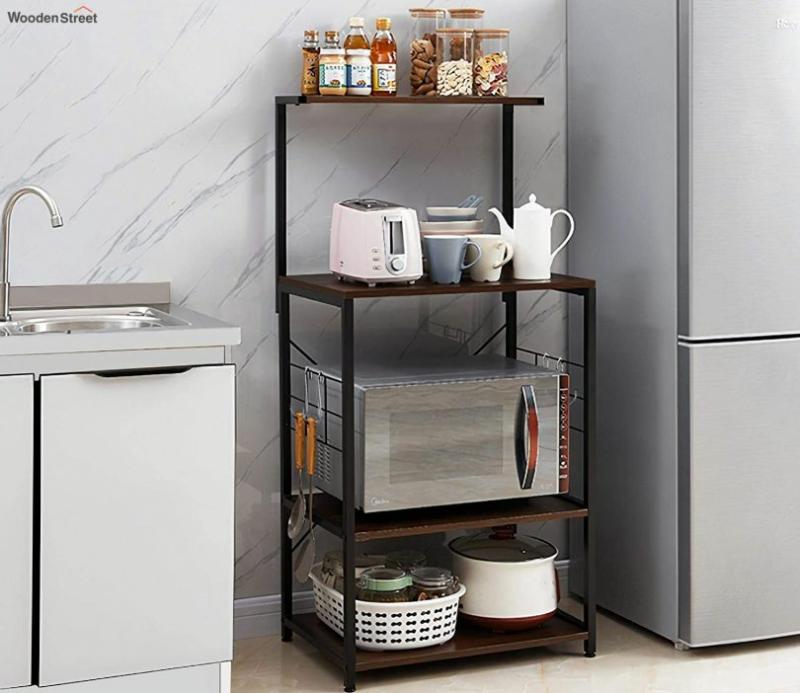 4 Tier Microwave Stand With Wheels And Side Hooks In Walnut Finish Kitchen Storage