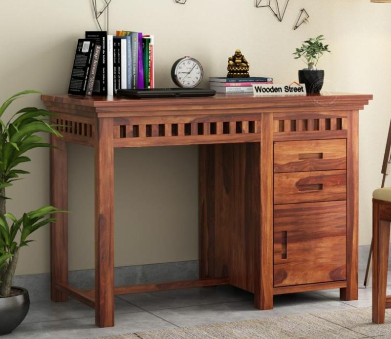 Adolph Study Table With Pull Out Drawers And Cabinet (Honey Finish) Computer Tables