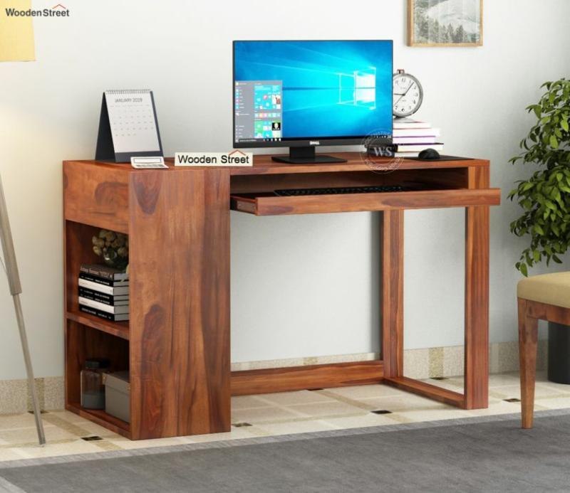 Alkin Study Table With Keyboard Tray And Side Storage (Honey Finish) Computer Tables