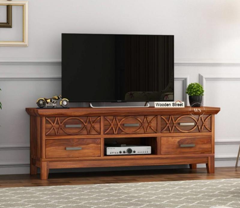 Allan Sheesham Wood Tv Unit With Five Pull Out Drawers (Honey Finish) Living Storage