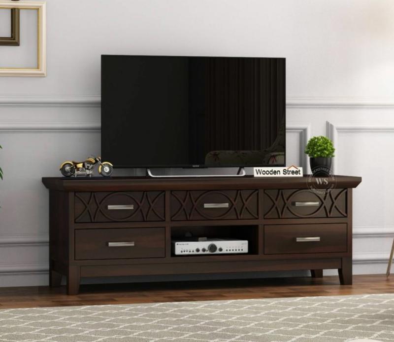 Allan Sheesham Wood Tv Unit With Five Pull Out Drawers (Walnut Finish) Living Storage