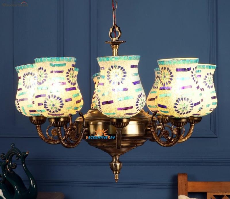 Antique Brown And Blue Tone 8 Light Aluminium Chandelier With Handmade Glass Ceiling Lights