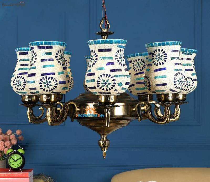 Antique Brown And Blue Tone Aluminium Chandelier With Handmade Glass Ceiling Lights