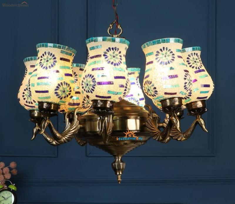 Antique Brown And Blue Tone Traditional Aluminium Chandelier With Handmade Glass Ceiling Lights