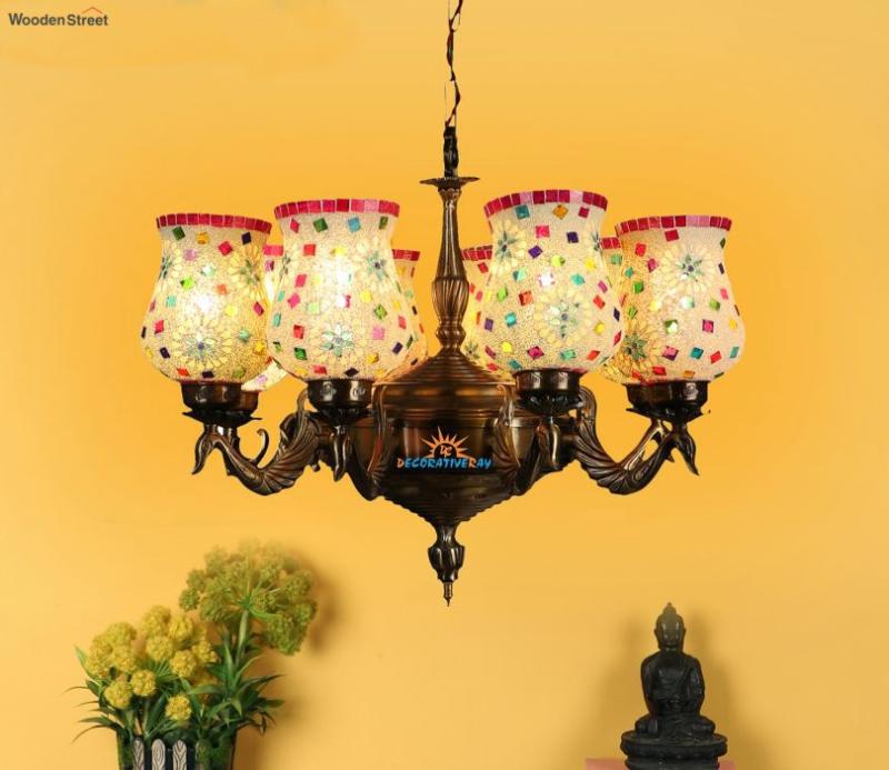 Antique Brown And Golden Traditional Aluminium Chandelier With Handmade Glass Ceiling Lights