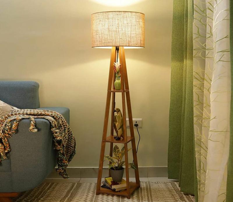 Beige Wooden Floor Lamp With Shelf Natural Jute Shade Floor Lamps