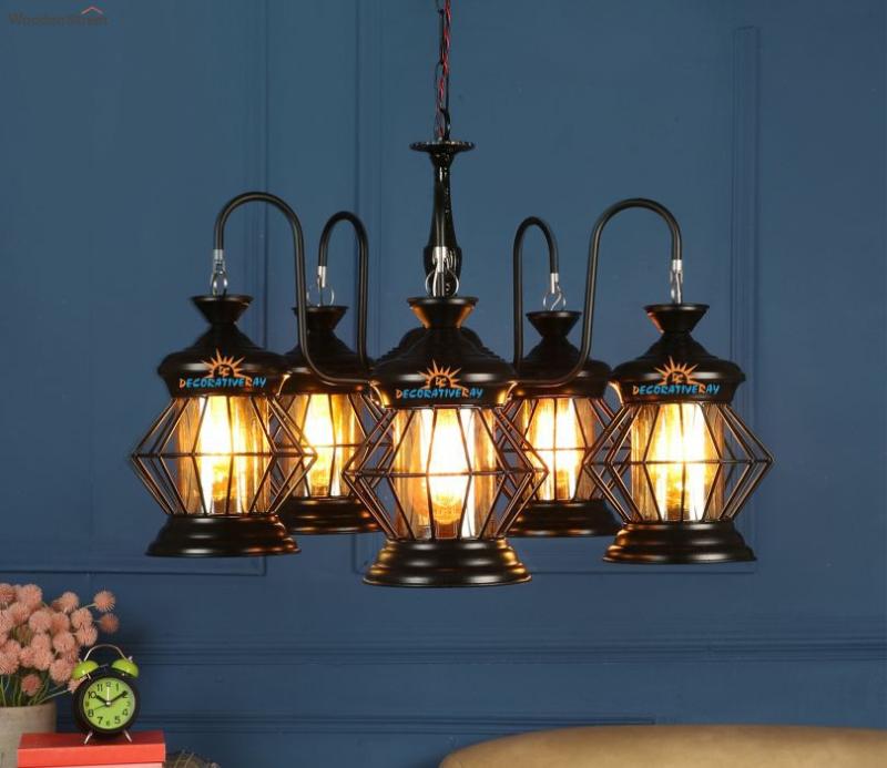 Black Hexagon Iron Chandelier With Luster Glass Ceiling Lights