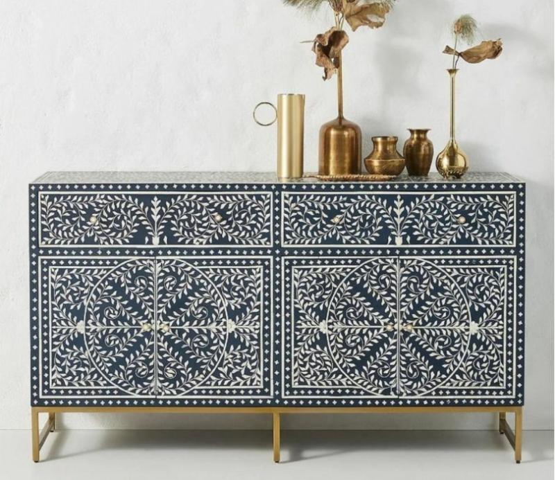 Blue Floral Bone Inlay Storage Sideboard And Cabinet Cabinets & Sideboards