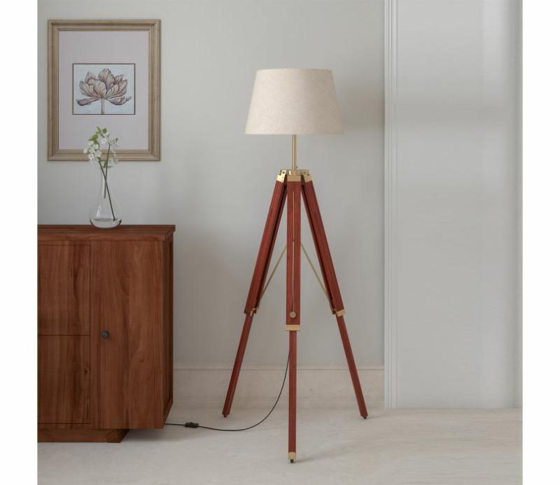 Brown Wooden Polished And Brass Antique Tripod Floor Lamp Lamps