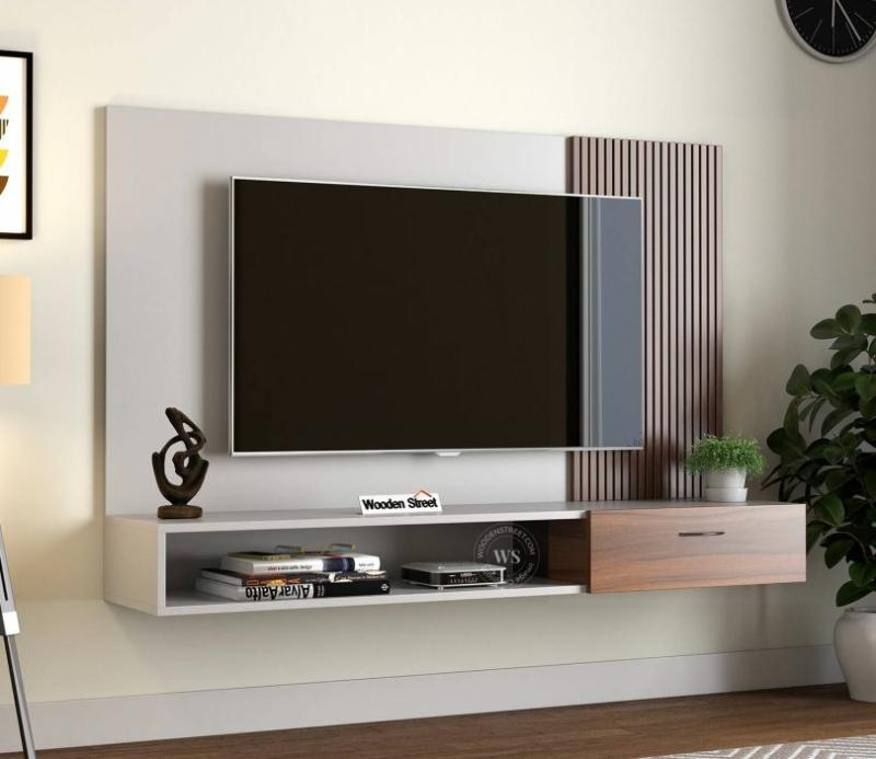 Caden Engineered Wood Wall-Mounted Tv Unit With Open Shelves (Exotic Teak Frosty White) Living Storage