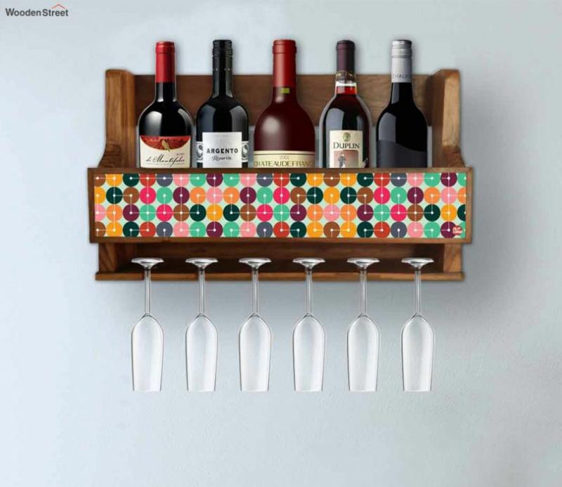 Circles Retro Designer Wooden Wine Rack With Glass Holder Bar Furniture