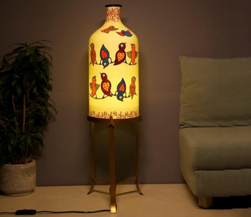 Colorful Birds White Glass Shade With Metal Base Floor Lamp Lamps