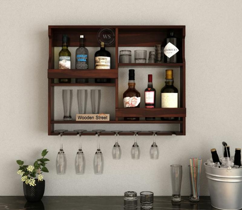 Cyrus Sheesham Wood Wall Mount Multipurpose Rack (Walnut Finish) Bar Furniture