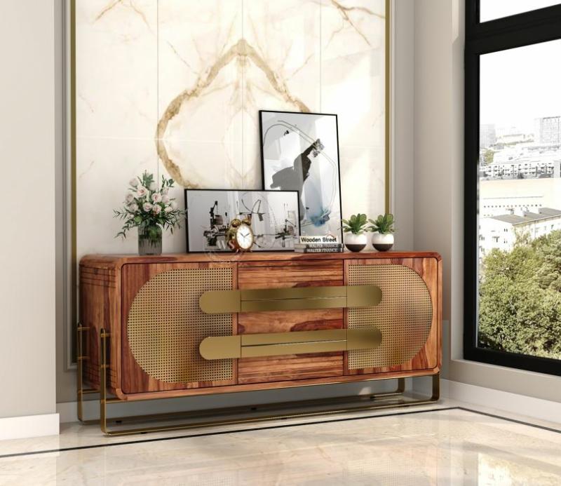 Dharaa Sheesham Wood Designer Cabinet And Sideboard With Cane (Honey Finish) Cabinets & Sideboards