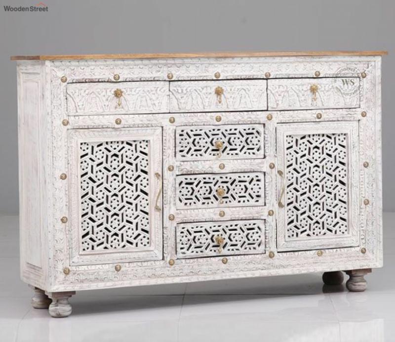 Edmond Mango Wood White Cabinet And Sideboards With 6 Drawers Cabinets & Sideboards