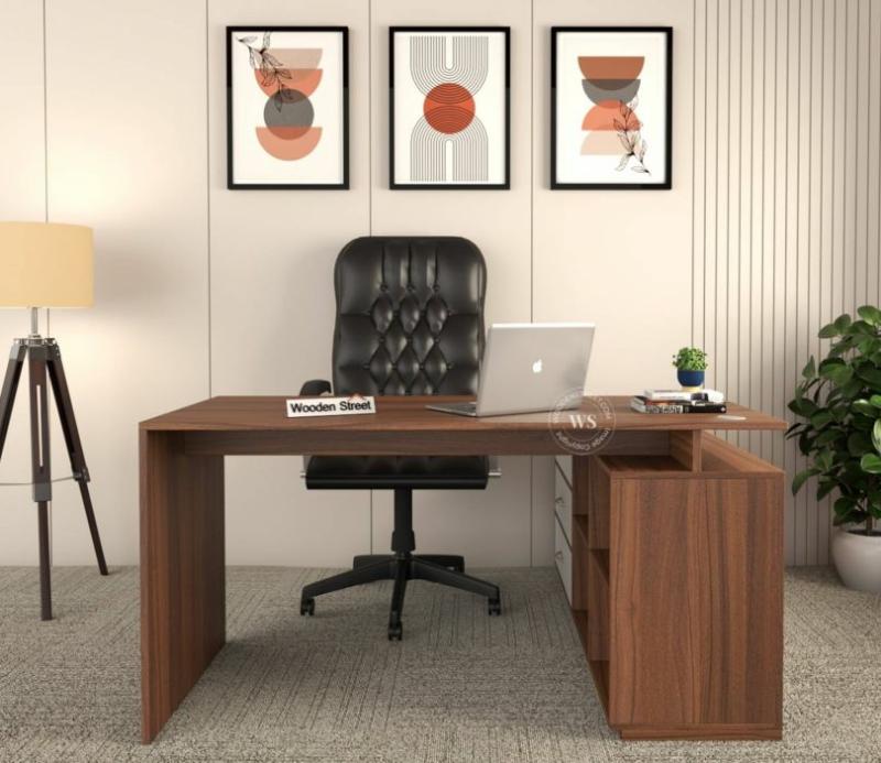 Elania Executive Table With Three Drawers (Exotic Teak Finish) Executive Tables