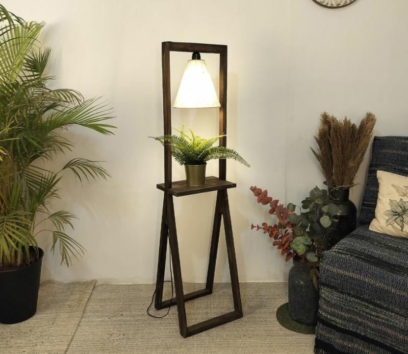 Euphoria Brown Wooden Floor Lamp With Shelf Lamps & Lighting