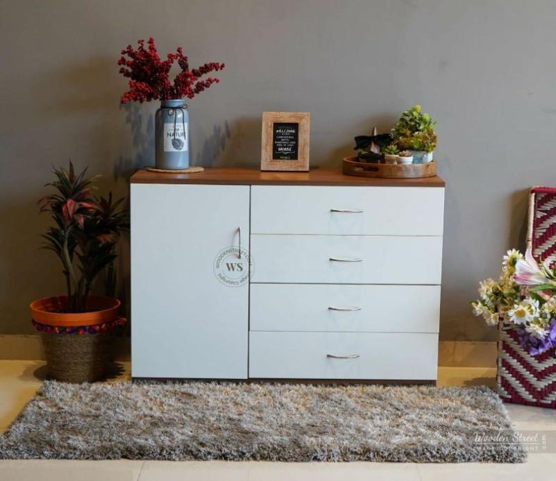 Familia 4-Drawer Wooden Chest Of Drawers (Exotic Teak-Frosty White Finish) Bedroom Storage