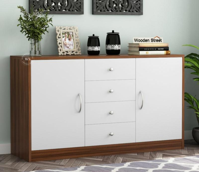 Gavin Premium Engineered Wood Cabinet And Sideboard With Frosty White Drawer (Exotic Teak Finish) Cabinets & Sideboards