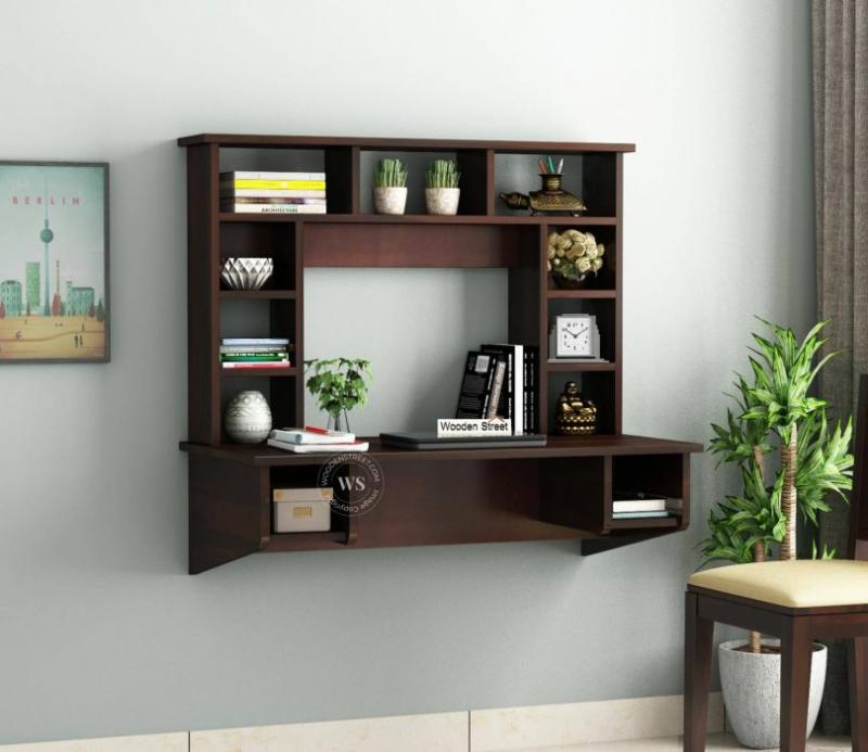 Gordon Sheesham Wood Wall Mounted Study Table With Open Shelves (Walnut Finish) Study & Office