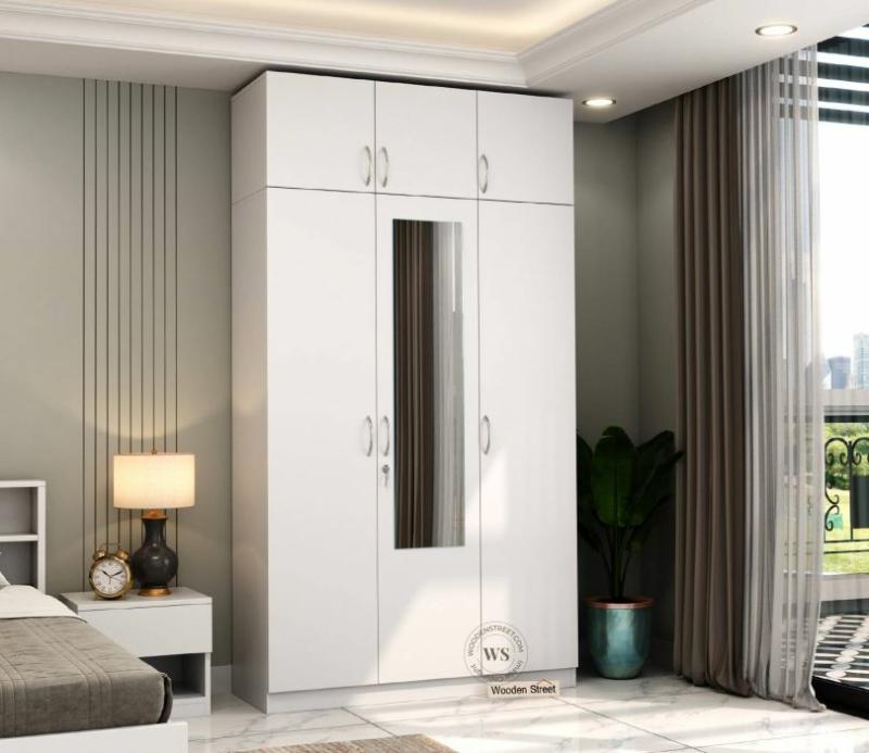 Haydon 3 Door Multi Utility Wardrobe With Mirror And Loft (Frosty White Finish) Bedroom Storage