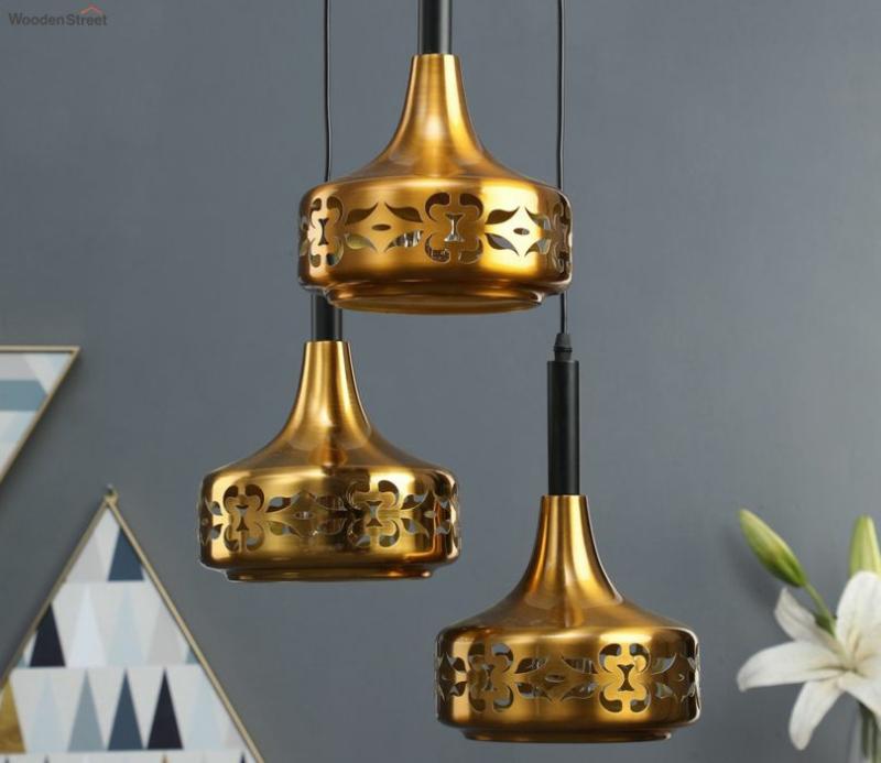 Hictor Brass Finish Etched Hanging Cluster Pendant Light Ceiling Lights