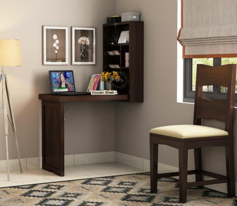 Holger Foldable Wall Mounted Table With Storage (Walnut Finish) Corner Study Table