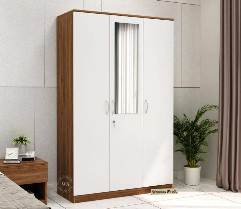 Kestrel 3 Door Dresser Wardrobe With Mirror (Columbian Walnut White Finish) Bedroom Storage