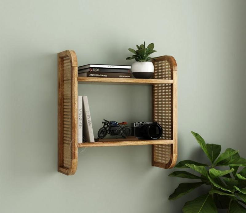 Kira Mango Wood And Cane Wall Shelf (Natural Finish) Living Storage