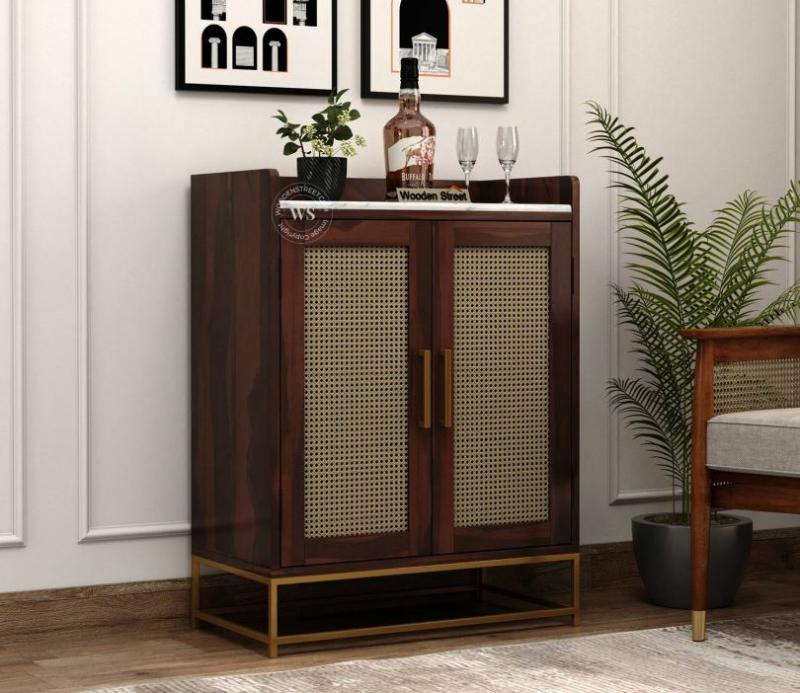 Lara Sheesham Wood Bar Cabinet With Marble Top And Cane (Walnut Finish) Bar Cabinets