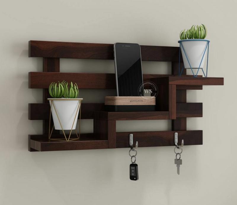 Lyla Wall Shelf With Key Holder (Walnut Finish) Living Storage