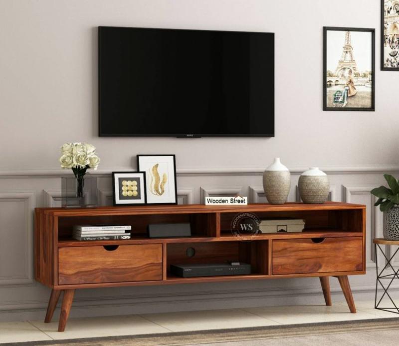 Lynton Large Tv Unit With Two Pull Out Drawers And Shelves (Honey Finish) Living Storage