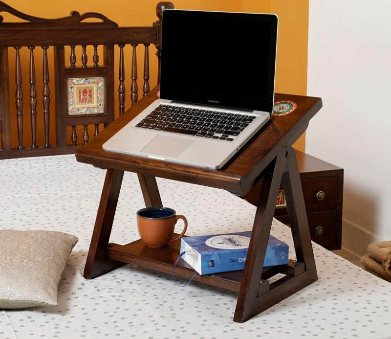 Marigold End Table For Laptop In Teakwood With Walnut Matte Finish Portable Table