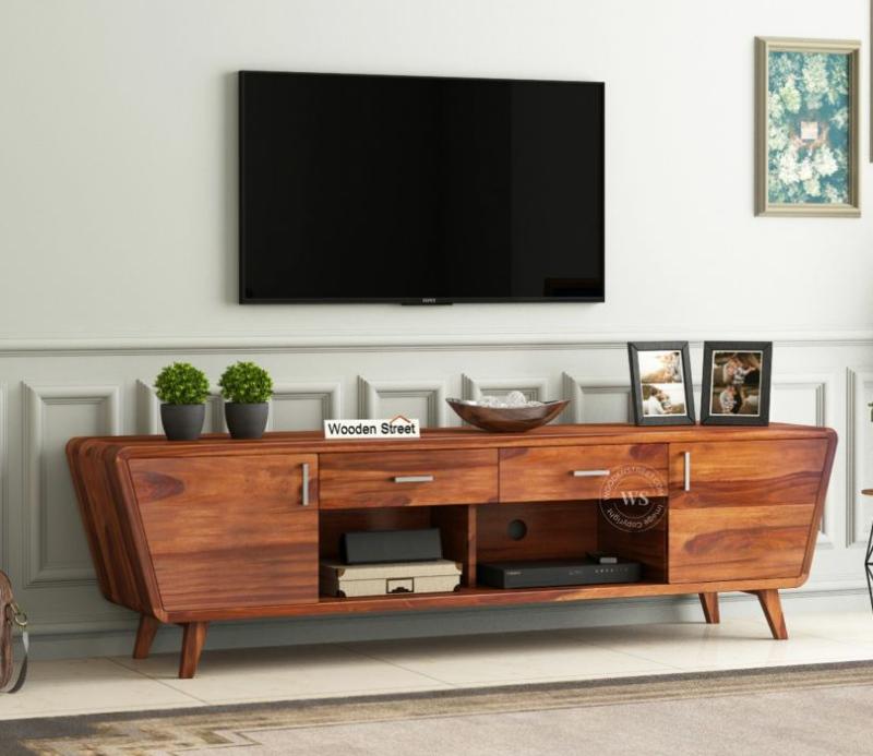 Melvina Sheesham Wood Tv Unit With Cupboards Drawers And Shelve Storage (Honey Finish) Storage