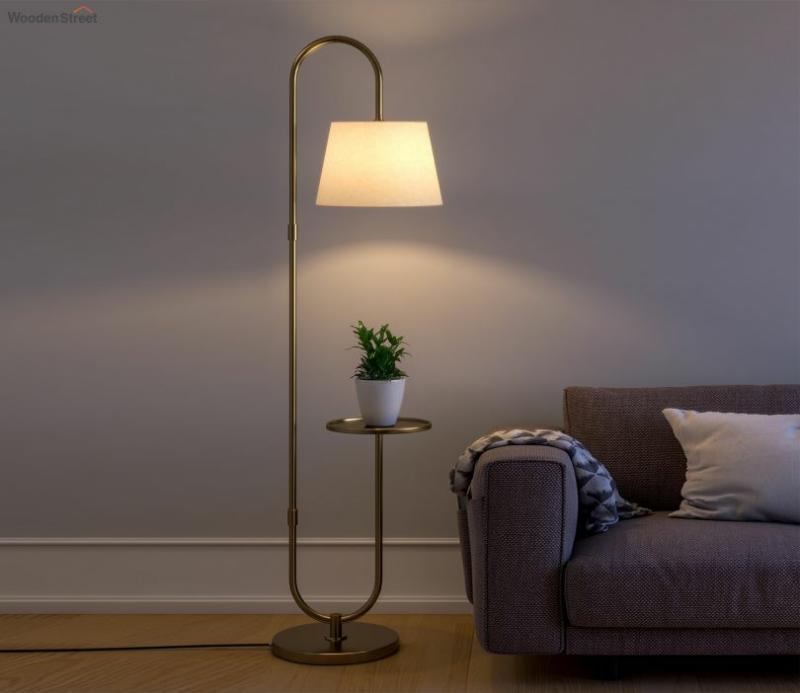 Modern Metal Curved Floor Lamp Standing With Table Shelf Bedroom Lights