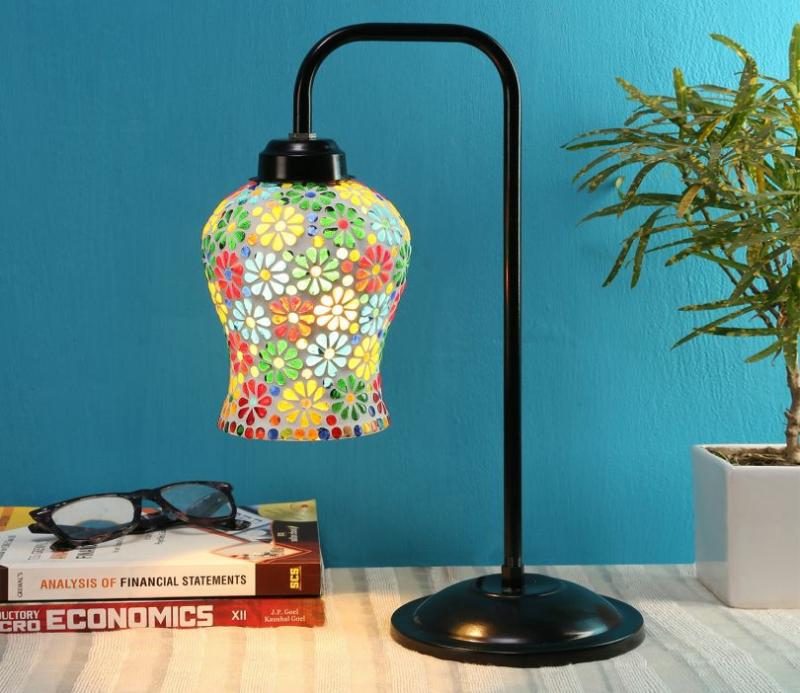 Mosaic Multi Color Glass Table Lamp With Black Base (Blue) Lamps