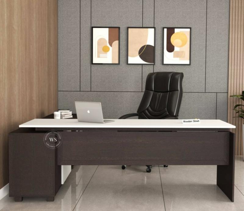 Nexora L Shape Modular Office Table With Three Drawers (Flowery Wenge Frosty White) Executive Tables