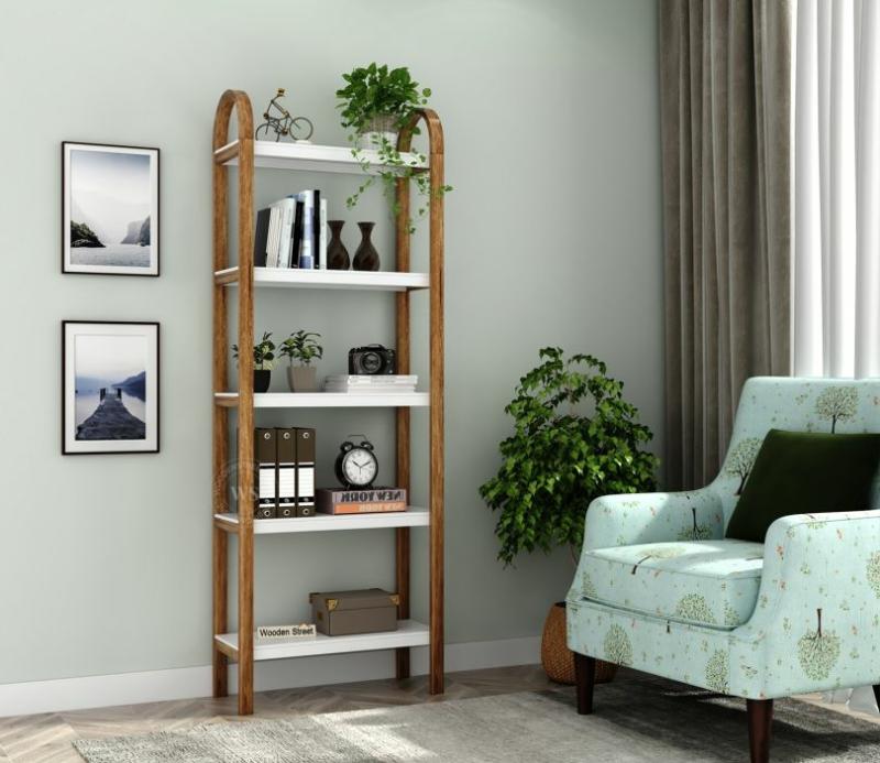 Ojasvi Mango Wood 5 Tier Ladder Bookshelf (Natural Finish) Bedroom Storage