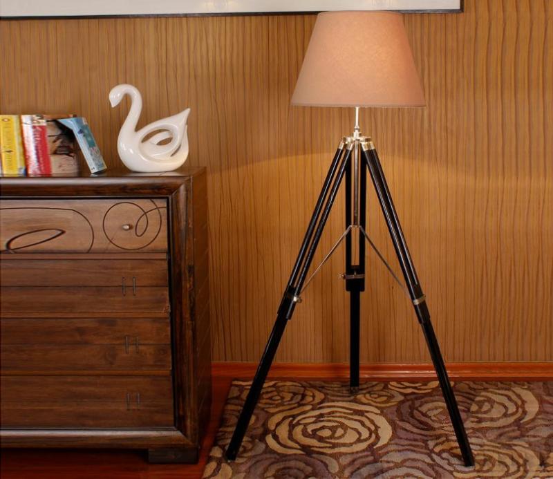 Paino Black Wooden Tripod Floor Lamp With Cotton Beige Shade Lamps