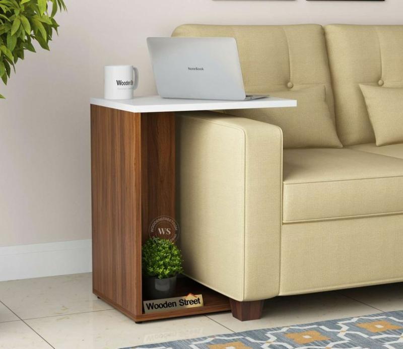 Rachel C Shaped Side Table (Exotic Teak-Frosty White Finish) Laptop Tables