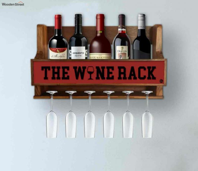 Red Colour Wooden Wine Rack With Glass Holder Bar Furniture