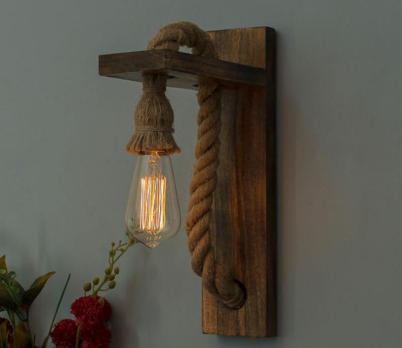 Rope Wall Lamp With Wooden Stand E27 Holder With Led Filament Bulb Decorative Lights