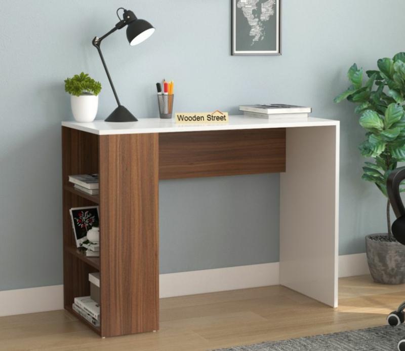 Saber Study Table With Side Shelves (Exotic Teak Frosty White Finish) Computer Tables