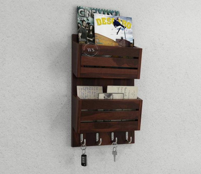 Sarah Wall Shelf With Key Holder (Walnut Finish) Living Storage