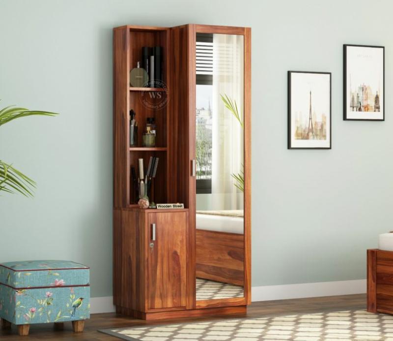 Sharon Sheesham Wood Dressing Table With Long Mirror And Storage (Honey Finish) Bedroom Storage