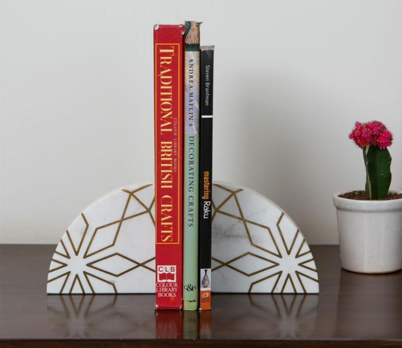 Stone Bookends With Brass Inlay (White) Living Storage