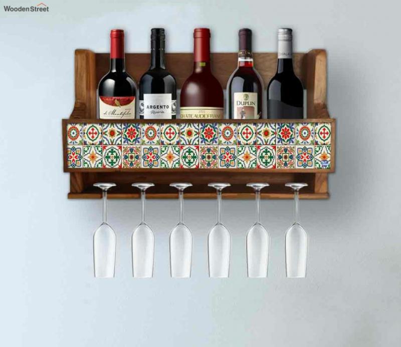 Talavera Maxican Style Wooden Wine Rack With Glass Holder Bar Furniture