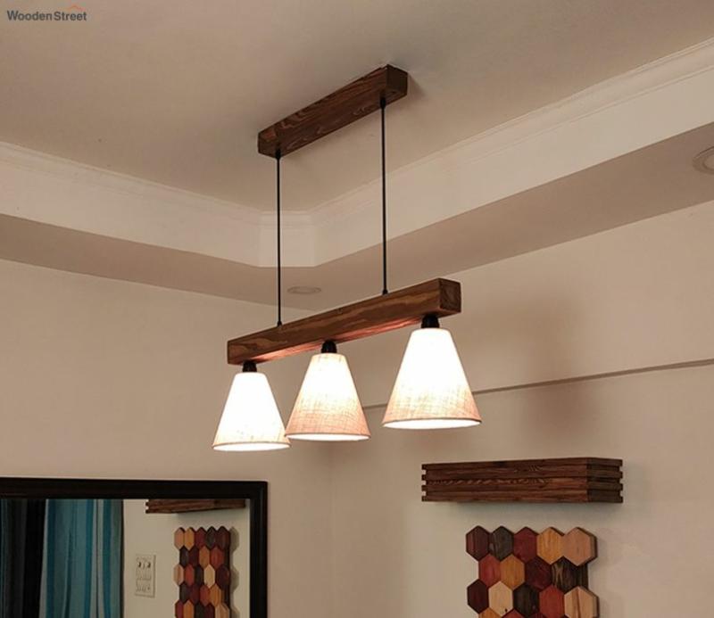 Terzo Beige Fabric Brown Wooden Series Hanging Light Lamps & Lighting