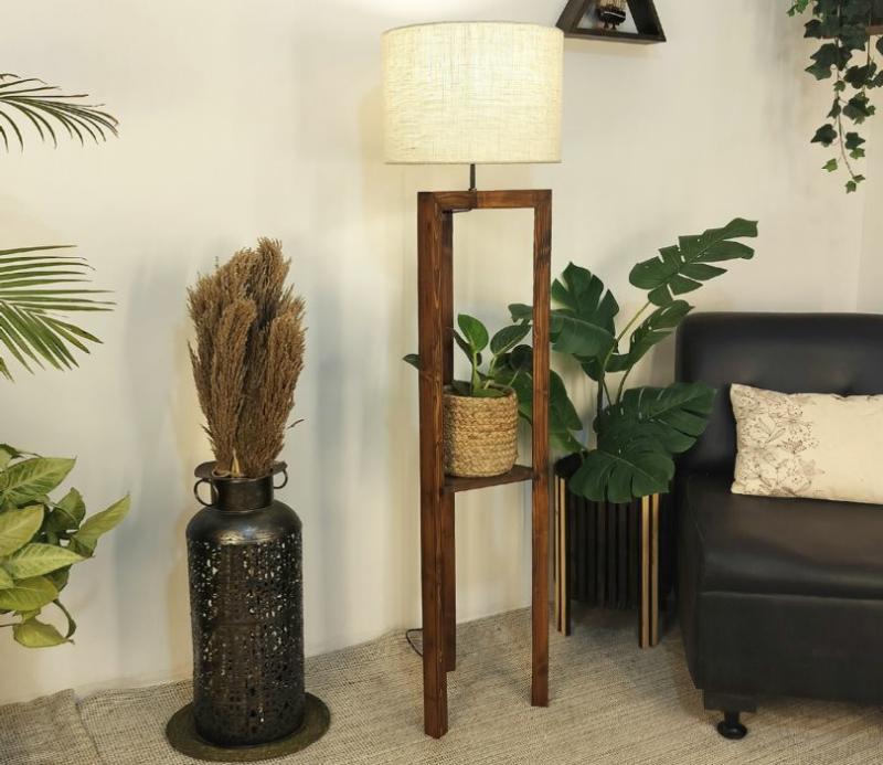 Triad Brown Wooden Floor Lamp With Shelf Lamps