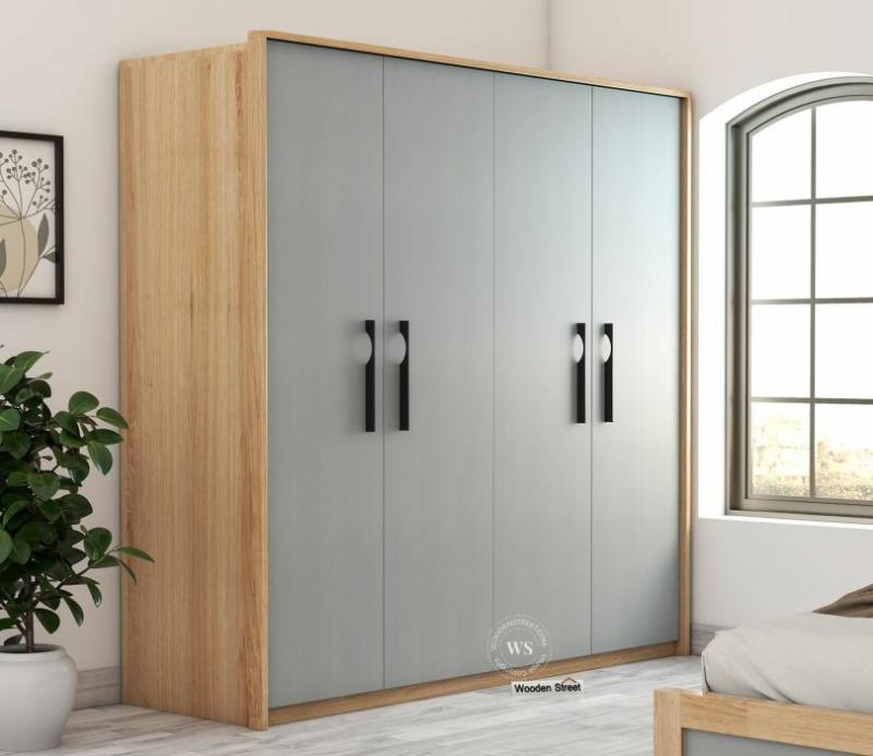 Vespera Engineered Wood Four Door Wardrobe (Gothic Grey, Classic Oak Finish) Bedroom Storage